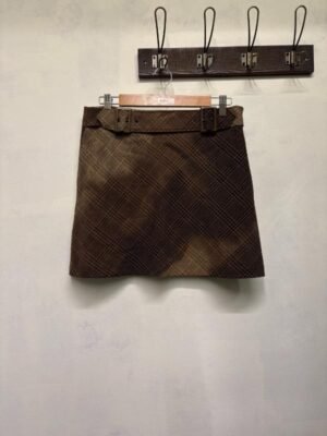 Alternative view of vintage bleached out brown plaid mini skirt, a line with belt