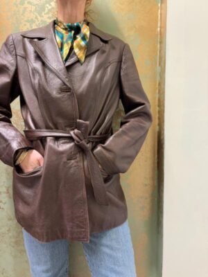 vintage dark brown leather blazer with belt