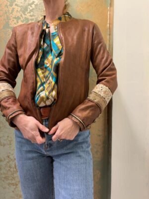 vintage chocolate brown leather jacket with embroidered cuff detail and decorative buttons
