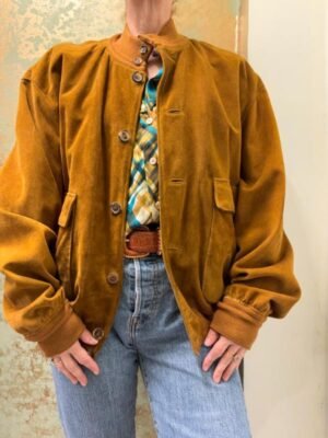 Alternative view of vintage suede bomber jacket in camel brown with removable lining