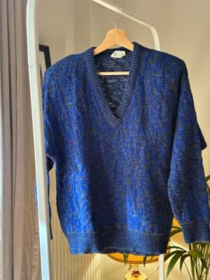 Alternative view of vintage chenille knitted electric blue & grey V neck sweater
