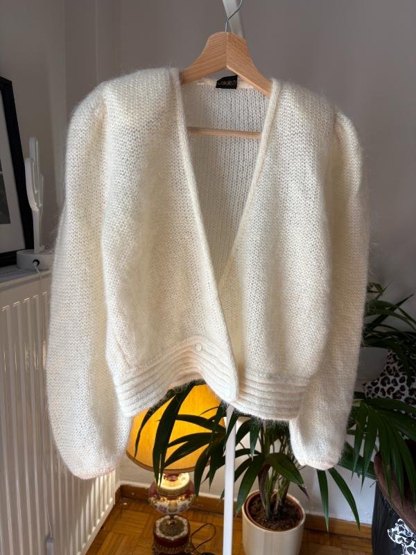 vintage romantic cream mohair cardigan with deep V neck - Image 2