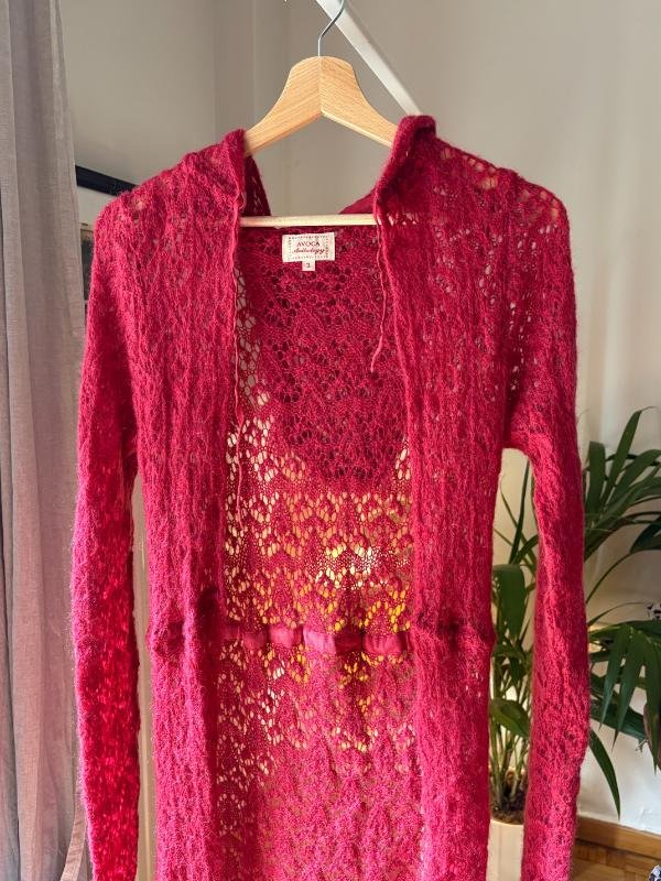 vintage red knitted long cardigan with hood - Image 3