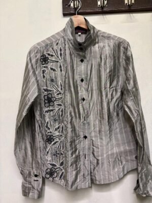 Alternative view of vintage silk silver stripped shirt with floral bead work