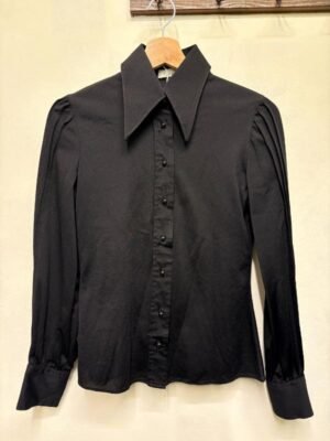 70's vintage black shirt with pleated sleeves and pointy lapels