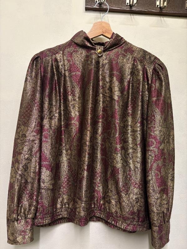 vintage metallic floral blouse/shirt with turtle neck - Image 2