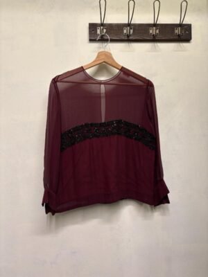 vintage silk burgundy shirt with sheer top and beaded band across the chest