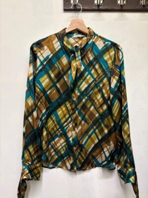 vintage abstract print shirt with tie neck bow