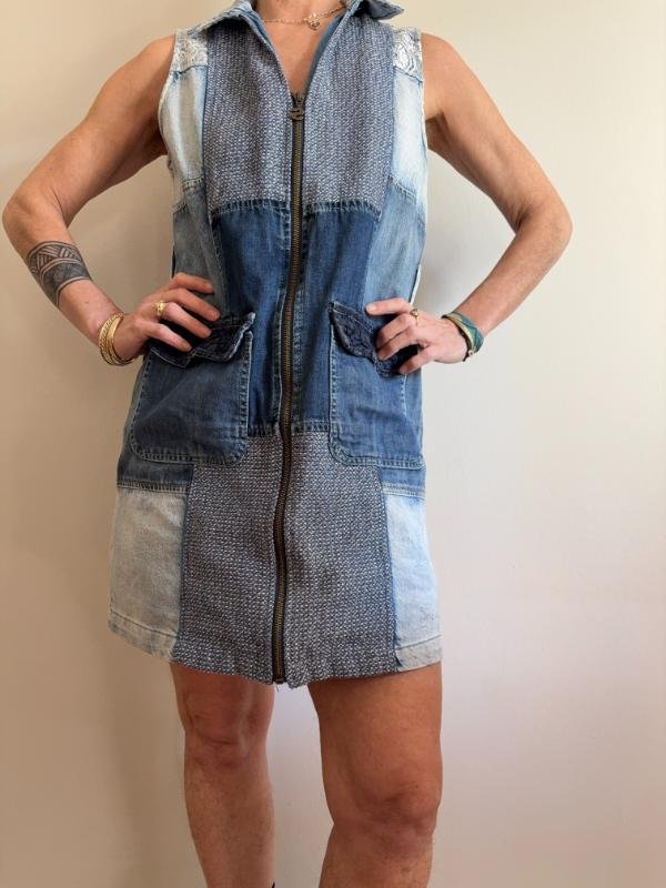 vintage Desigual cotton mix denim patchwork mini dress with front zipper - Image 2