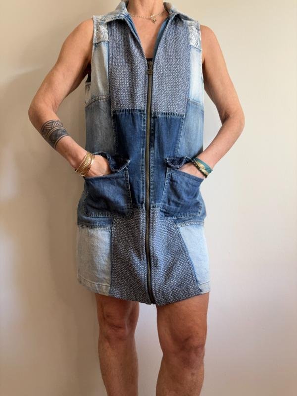 vintage Desigual cotton mix denim patchwork mini dress with front zipper - Image 3