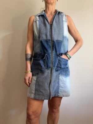 vintage Desigual denim patchwork mini dress with front zipper