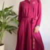 vintage rasberry midi dress with pleats,elasti waist and floral embroidery