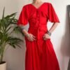 70's vintage bright red super maxi flowy dress with flutter sleeves