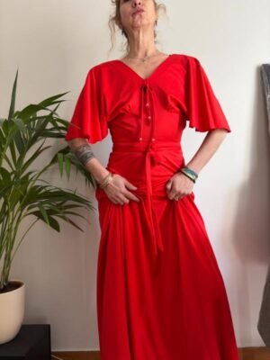70's vintage bright red super maxi flowy dress with flutter sleeves