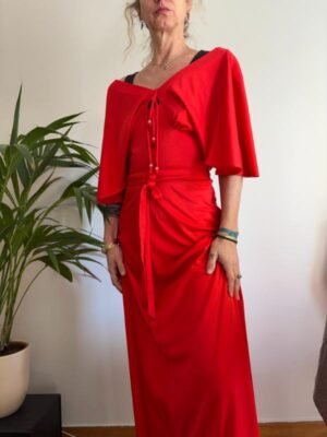 Alternative view of 70's vintage bright red super maxi flowy dress with flutter sleeves