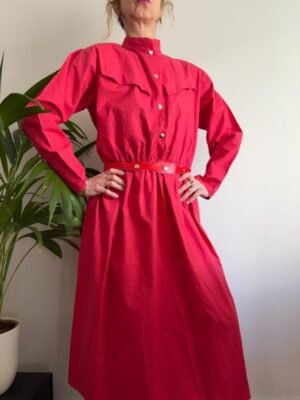 Alternative view of vintage red cotton A line belted dress with elastic waist and high neck colar