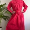 vintage red cotton A line belted dress with elastic waist and high nneck colar