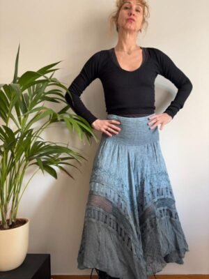 vintage boho light blue & grey maxi asymmetric skirt