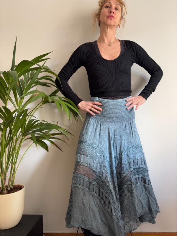 vintage boho light blue & grey maxi asymmetric skirt