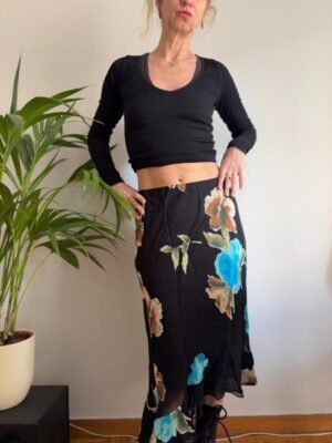 Alternative view of vintage y2k viscose black floral asymmetric skirt with frills on hem and elastic waist