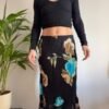 vintage y2k viscose black floral asymmetric skirt with frills on hem