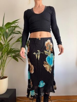 vintage y2k viscose black floral asymmetric skirt with frills on hem