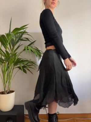 Alternative view of vintage viscose black & white polka dot flare skirt with side belt