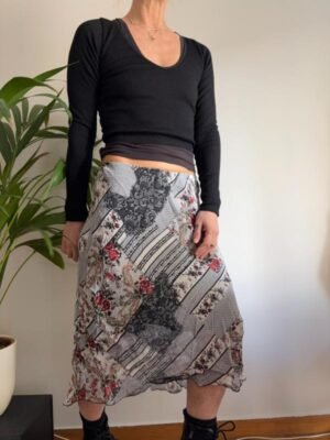 vintage y2k viscose light grey patterned midi skirt