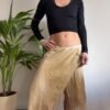 vintage y2k flowy silk beige gold asymmetric midi skirt with lace trimms