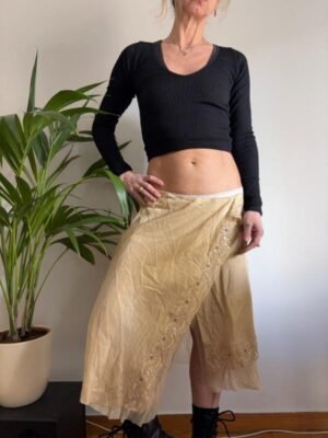 vintage y2k flowy silk beige gold asymmetric midi skirt with lace trimms