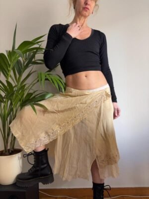 Alternative view of vintage y2k  flowy silk beige gold asymmetric midi skirt with lace trims