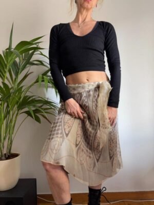 vintage y2k silk ivoire patterned midi skirt
