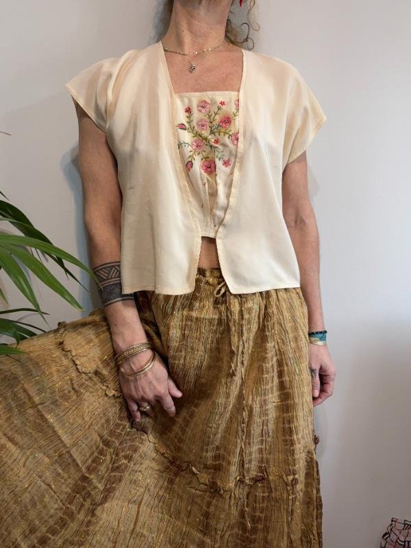 vintage beige boho super maxi skirt with metallic fibres elastic waist - Image 5