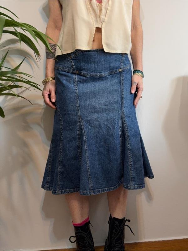 vintage denim midi skirt with flared hemline