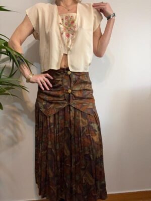 vintage high waisted pleated midi skirt with abstract leaf print and drapped front