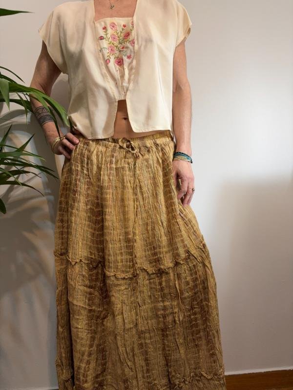 vintage beige boho super maxi skirt with metallic fibres elastic waist - Image 3