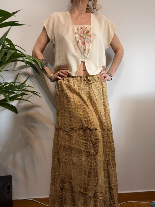 vintage beige boho super maxi skirt with metallic fibres