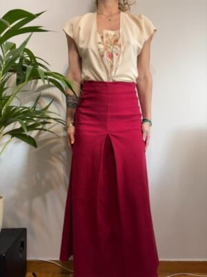 vintage corduroy red cotton maxi stretch skirt with pleats