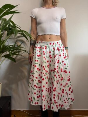 vintage cotton cherry print midi skirt