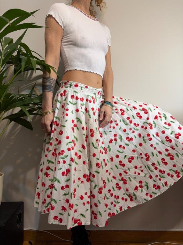 vintage high waisted cotton cherry print midi skirt - Image 3