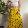 vintage viscose yellow & black polka dot maxi flare skirt