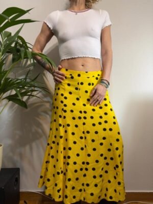 vintage viscose yellow & black polka dot maxi flare skirt