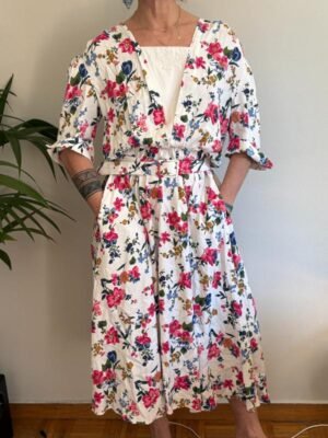vintage floral midi dress with a belt and elastic waist