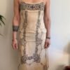 y2k beige silk patterned midi dress with spaghetti straps