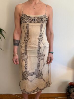 y2k beige silk patterned midi dress with spaghetti straps