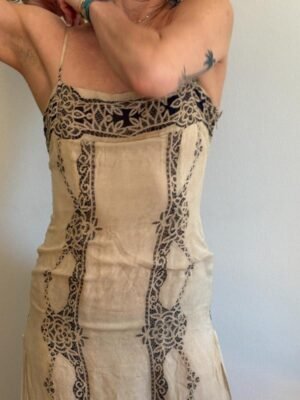 Alternative view of y2k beige silk patterned midi dress with spaghetti straps and side slits