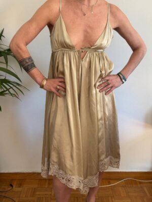 Alternative view of vintage silk champagne lingerie dress with lace hem