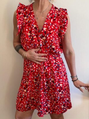 Alternative view of y2k deadstock viscose abstract red mini dress with elastic waist and frills