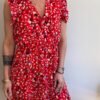 vintage viscose abstract red mini dress with elastic waist and frills