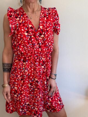 vintage viscose abstract red mini dress with elastic waist and frills